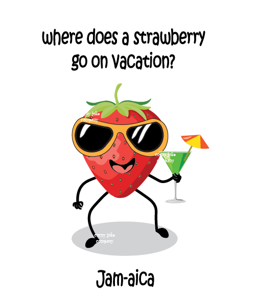 Strawberry joke - Where does a strawberry go on vacation? Jam-aica. The Corny Joke Company